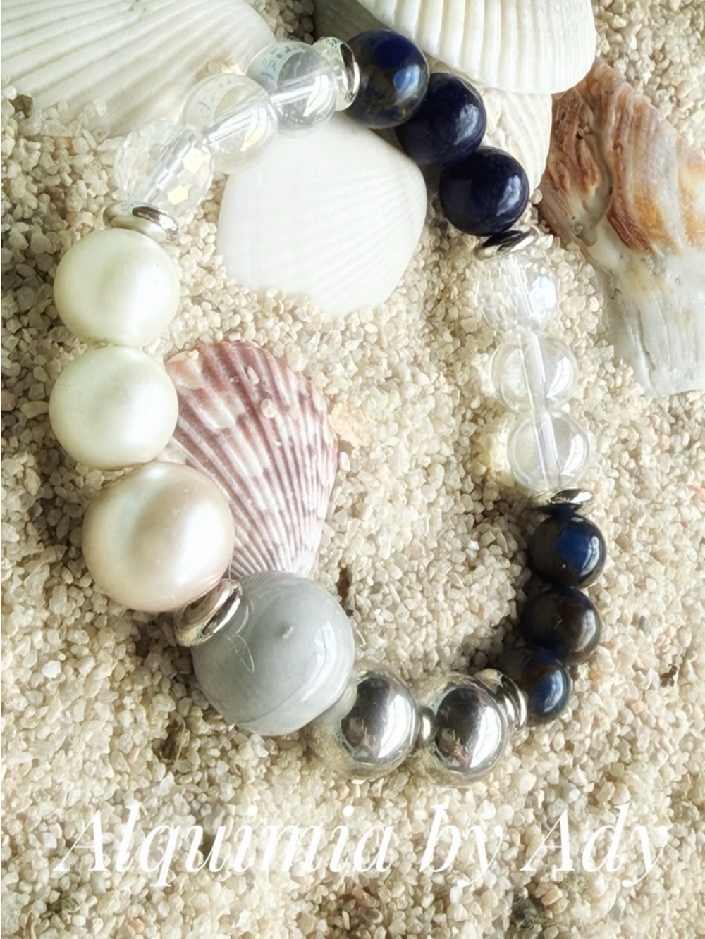 Grandma approved +Pearl, Navy LAPIS LAZULI & Clear QUARTZ MONUMENT Bracelet